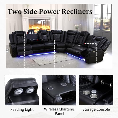 Leather Power Recliner Sectional Sofa with LED, Power Reclining Sectional Couch, Breathing Leather Sofa Couch with USB Port&Cup Holder for Living Room (Living Room Set,Cream White)