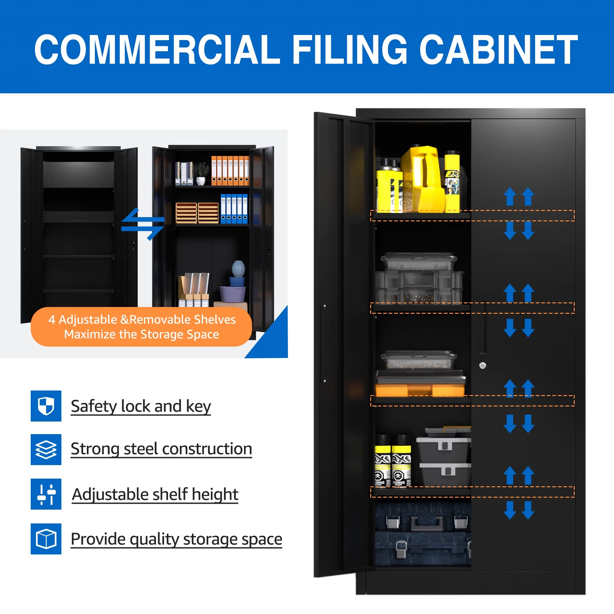 GangMei Metal Storage Cabinet, Metal Garage Cabinet with Lockable Doors and Shelves, Office Cabinet for Home Office, Garage and Utility Room,Assemble Required (Doouble Handles, Black)