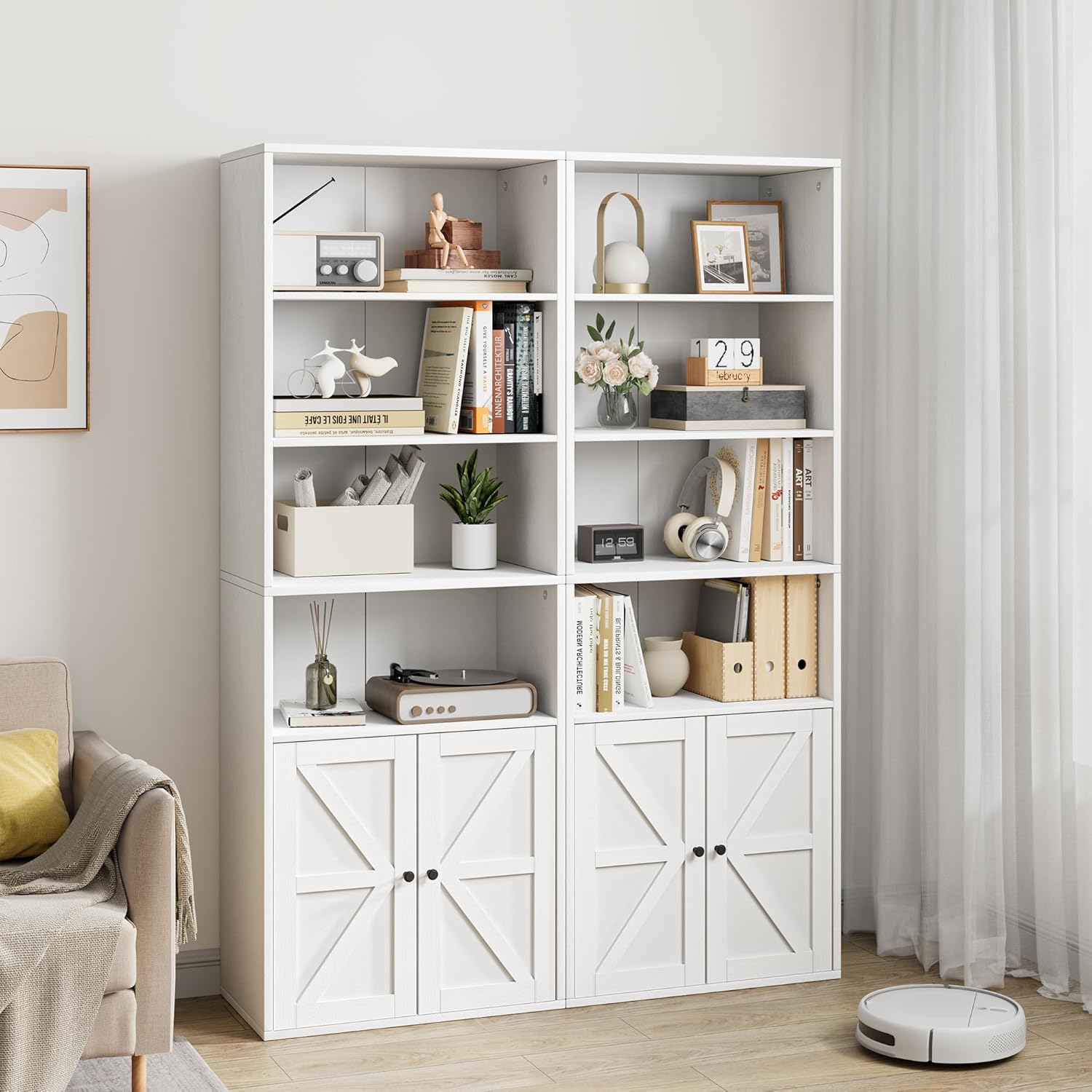 Farmhouse Bookcase with Doors Industrial Bookshelf White Display Storage Shelves 71.4in Tall Bookcases Wooden 6 Shelf Bookshelvels for Bedroom, Living Room, Home Office