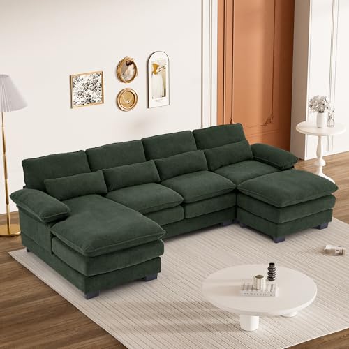 U Shaped Sectional Sofa Cloud Couch for Living Room, 114" Oversized Comfy Chenille Modular Deep Seat Sofa, Modern Large Fluffy 4-Seat Sofa with Lounge Chaise Pillows, Black