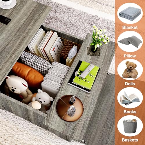 31.5'' Lift Top Coffee Table with Storage, Wood Square Coffee Table with Large Hidden Storage Compartments and Adjustable Shelf, Rustic Center Table for Living Room, Gray Oak