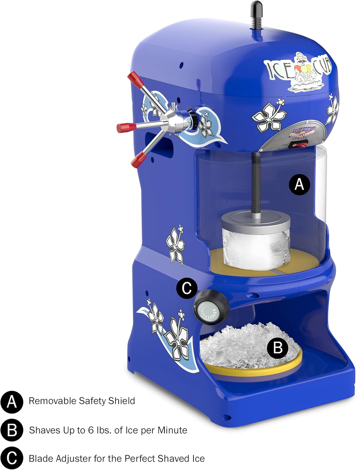 Ice Cub Shaved Ice Machine - Powerful Crushed Ice Maker and Snow Cone Machine for Parties, Concessions, or Events by Great Northern Popcorn (Blue)