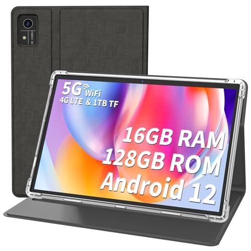 Android Tablet 10 inch, 16GB RAM 128GB ROM, 1TB Expand, Android 12 Tablet with Octa-Core, 5G WiFi, 4G/LTE, 8000mAh Battery, Bluetooth5.0, GMS Certified, FHD Screen, GPS(Black)