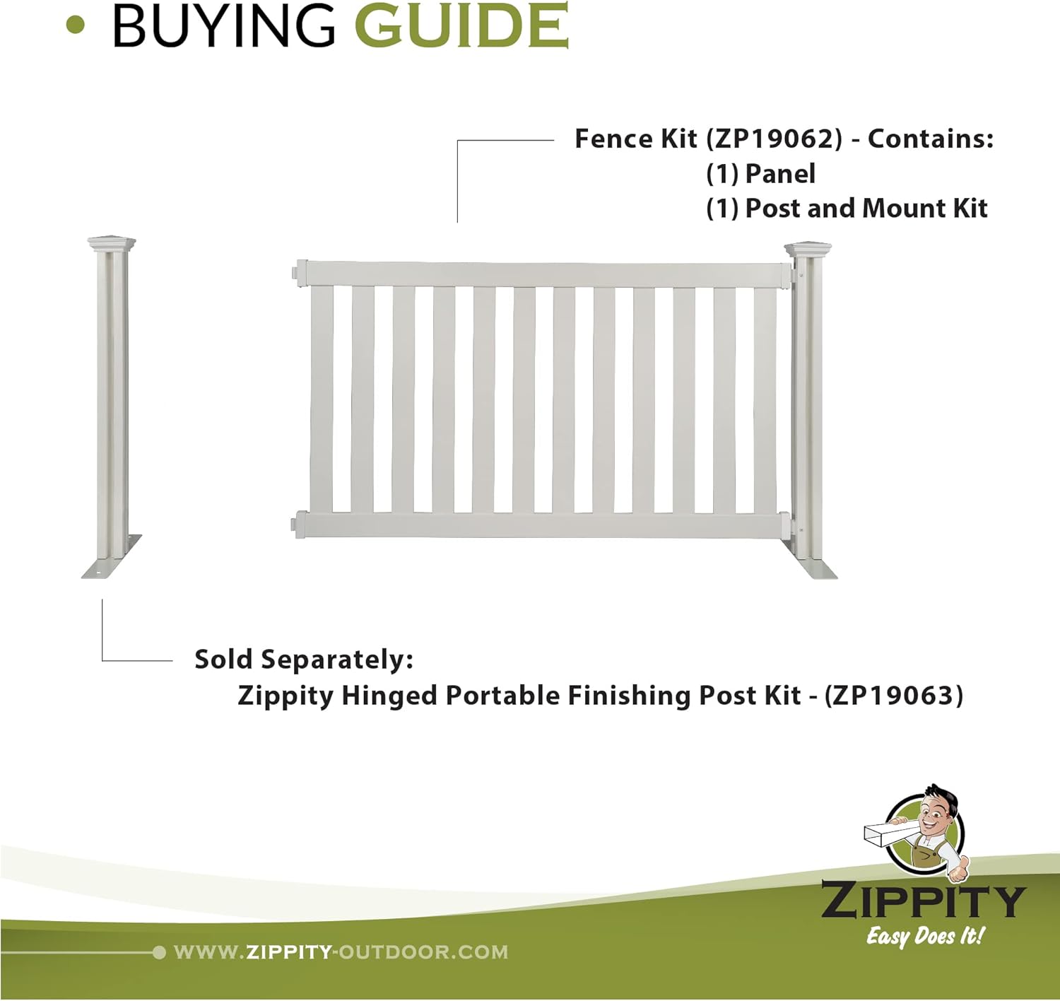 Zippity 5.5' x 3' Davidson Hinged Portable Vinyl Fence Kit and 36" x 72" Newport No-Dig White Picket Fence Panel