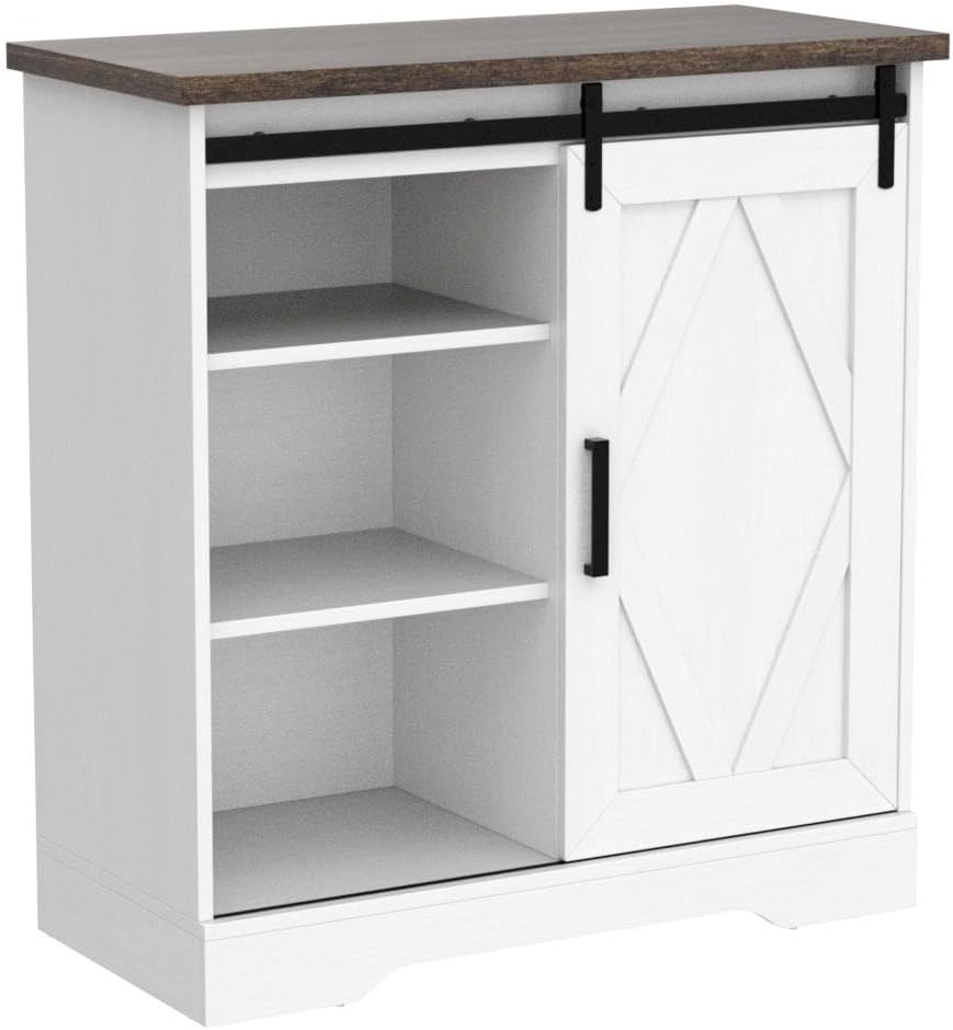 Coffee Bar Cabinet with Barn Doors Farmhouse Sideboard Buffet Cabinet with Storage for Living Room Dinning Room White 33inch