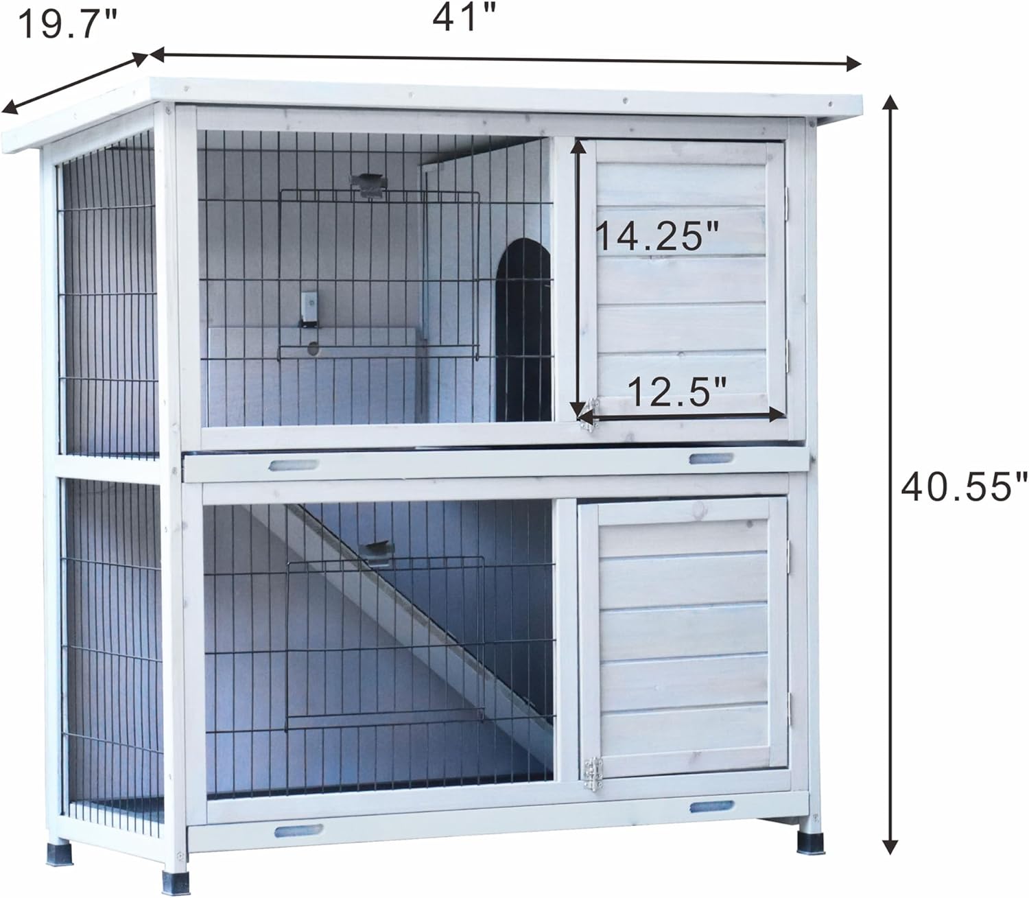 41" 2-Story Rabbit Hutch Outdoor, Large Rabbit Hutch, Rabbit Hutches Weatherproof, with 2 Removable No-Leak Trays, for Rabbit, Guinea Pig, Hedgehog, Chick, White