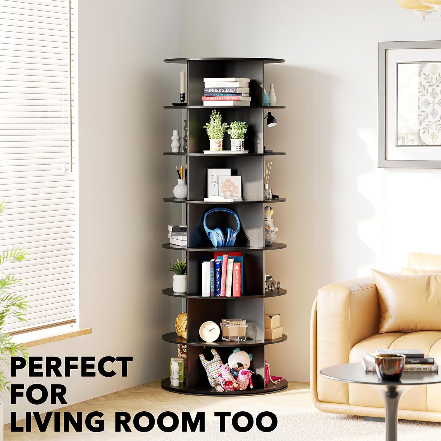 SpaceAid 7 Tier Rotating Shoe Rack Tower, Spinning Shoe Display Lazy Susan, Revolving 360 Shoe Rack Storage Round Carousel, Vertical Handbag Rotate Shoes Closet Organization (7-Tier Black)