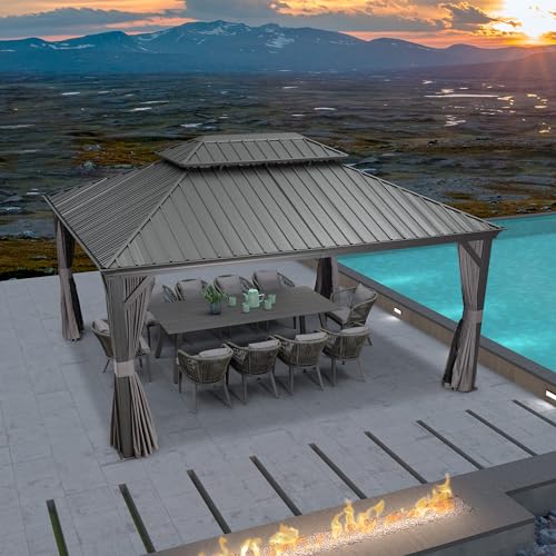 PURPLE LEAF 10' X 14' Permanent Hardtop Gazebo Aluminum Gazebo with Galvanized Steel Double Roof for Patio Lawn and Garden, Curtains and Netting Included, Grey