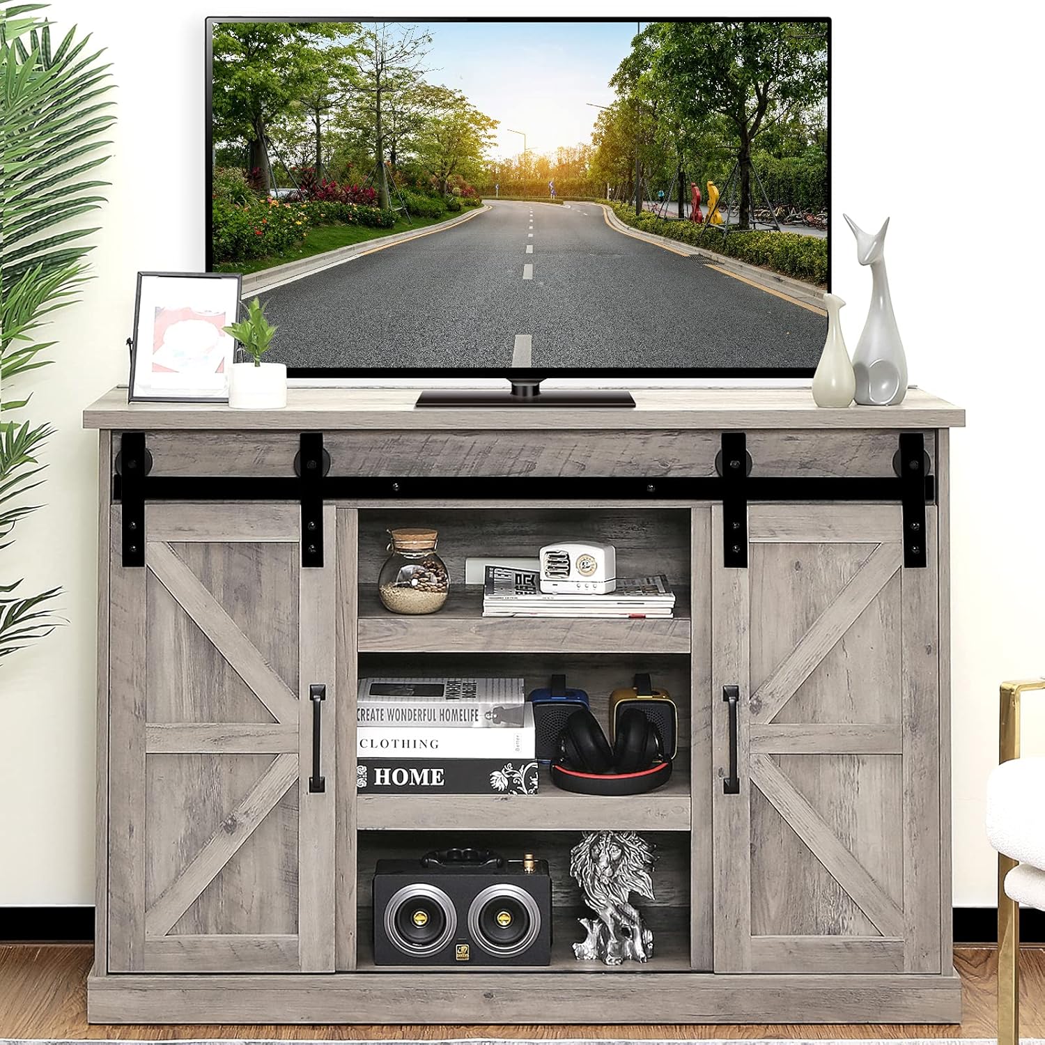 TURBRO Fireside Sliding Barn Door TV Stand, Supports TVs up to 65, Farmhouse Style Entertainment Center with Cable Management and Adjustable Shelves for Living Room, Espresso (TV Stand Only)