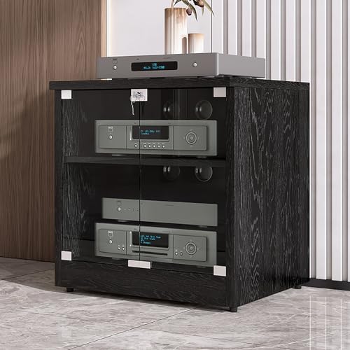 Shelves Heavy Duty 2/3Tier Shelves Audio Video Media Stand Cabinet, Modern AV Cabinet with Glass Doors, Component Cabinet Stereo Rack Audio Tower with Height Adjustable Wooden Shelves(Rosewood,Th