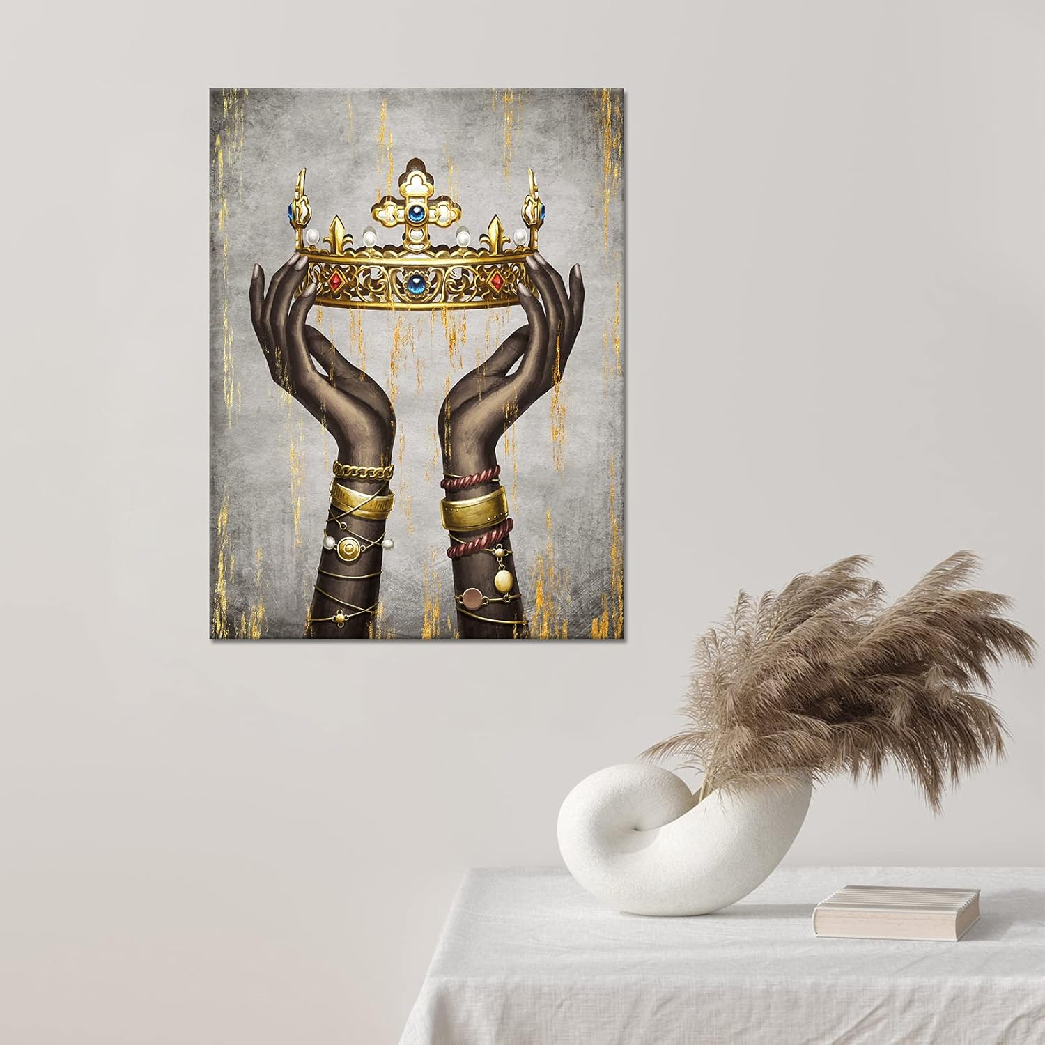Welmeco African American Woman Hands Hold Up Queen Crown Picture Canvas Wall Art Black Girl Hands Fashion Charm Painting Prints Artwork for Living Room Bedroom Decoration Contemporary Art