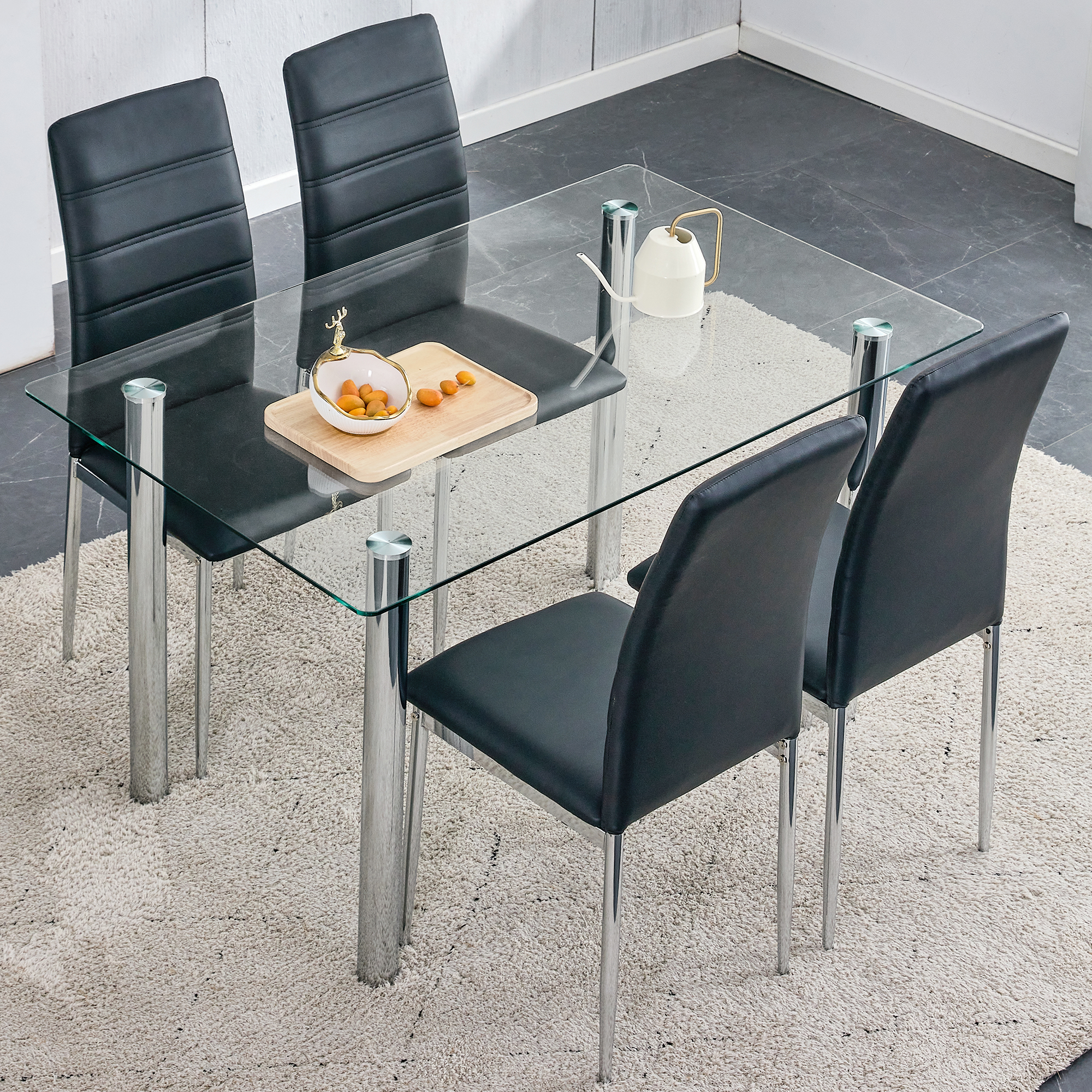 Atumon 5 Piece Glass Dining Table Set, Modern Dining Room Set for 4, Kitchen Dining Table with 4 Black PU Leather Chairs, Dining Table Set with Metal Legs for Dining Room Kitchen Apartment