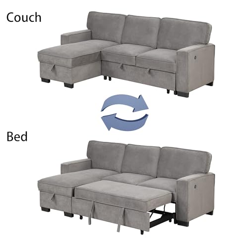 Convertible Sleeper Sofa 3 in 1, Chenille Modern L-Shaped Couches for Living Room, Pull Out Sectional Futon Sofa Bed with Storage Space, USB Ports and Cup Holders for Bedroom, Grey