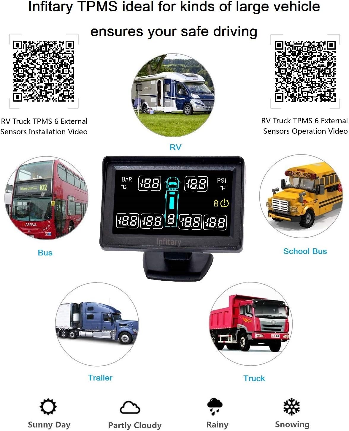 INFITARY RV TPMS Tire Pressure Monitoring System Truck Trailer Real Time Monitor Tire Pressure Temperature Air Leakage Battery Auto Alarm 6 Anti-Theft External Cap Sensor for 4-6 Tires' Car Pickup Tow