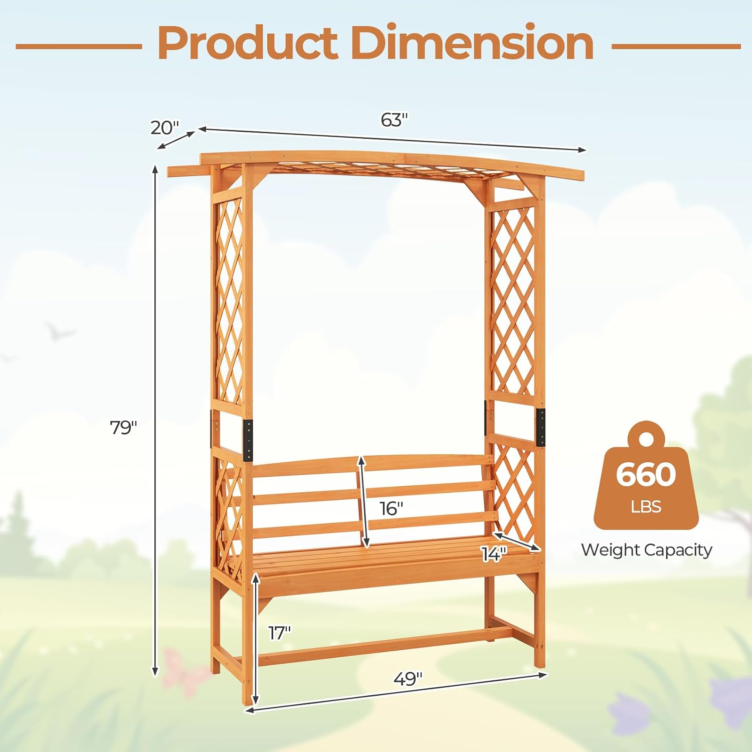 Happygrill Patio Garden Arbor with Bench, Garden Arch Trellis w/Pergola & Side Trellises for Climbing Plants Vines Grapes, 2-Seat Wooden Outdoor Bench, Garden Archway for Wedding Party Backyard