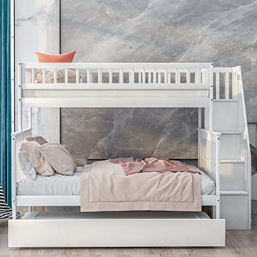 Twin Over Twin Size Bunk Bed with Trundle and Storage Stairs, Solid Wood Stairway Triple Bunk Beds Stairway and Full-Length Guard Rail for Kids Teens Adults Bedroom, Can Be Divided