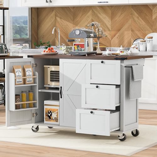 54.5" Farmhouse Mobile Kitchen Island with Power Outlet, Drop Leaf, Spice Rack and Drawer - Rolling Kitchen Cart with Ample Storage, Rustic Storage Islands for Home and Dining Room