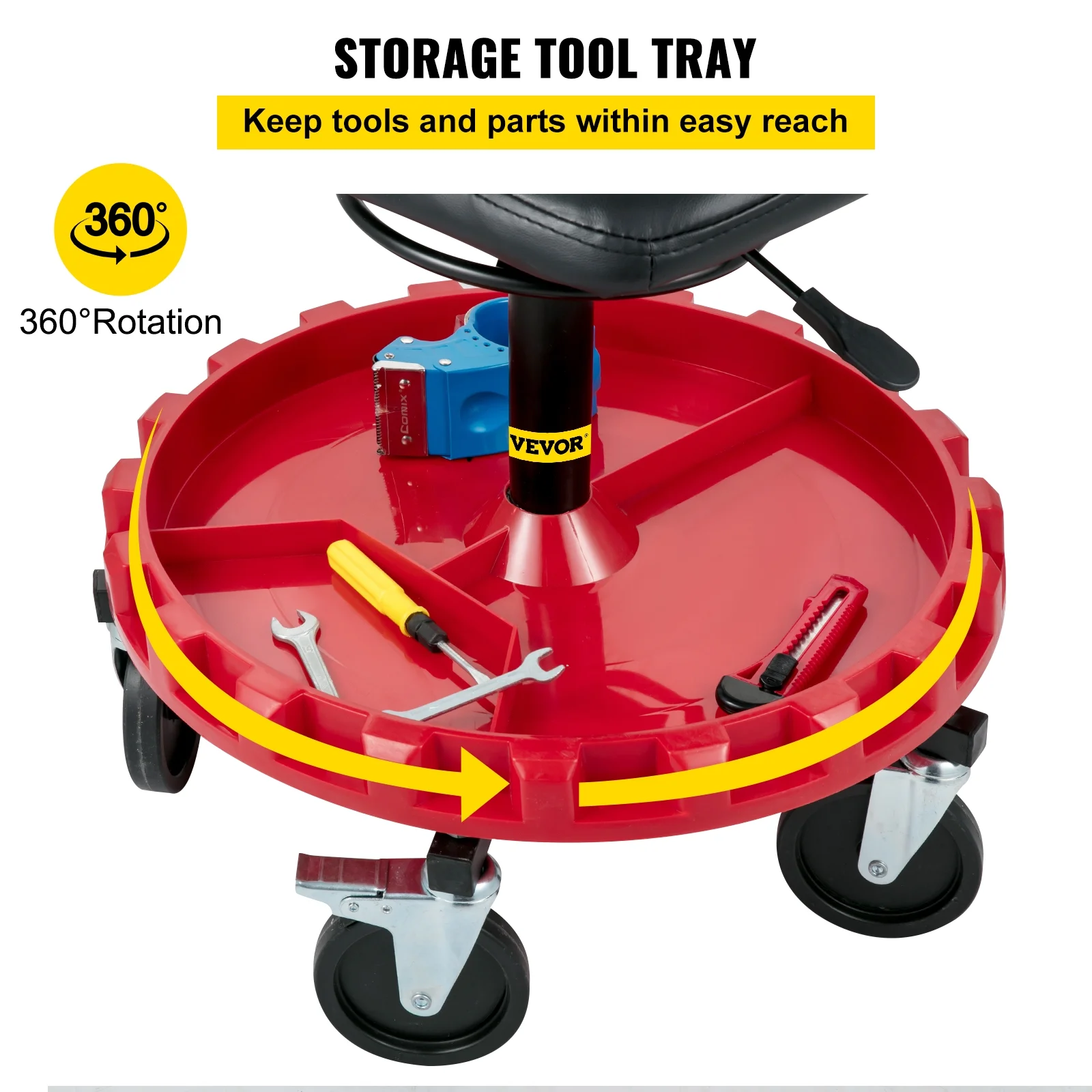 VEVOR Rolling Garage Stool, 300lbs Capacity, Adjustable Height from 21 in to 26 in, Mechanic Seat with 360-degree Swivel Wheels and Tool Tray, for Workshop, Auto Repair Shop, Red