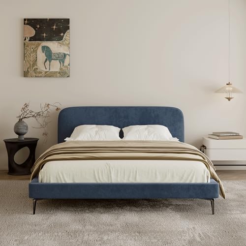 Acanva Modern Minimalist Upholstered Platform Bed Frame with Headboard, Mattress Foundation Base with Metal Slats Support, No Box Spring Needed, Non-Slip, White, Full Size