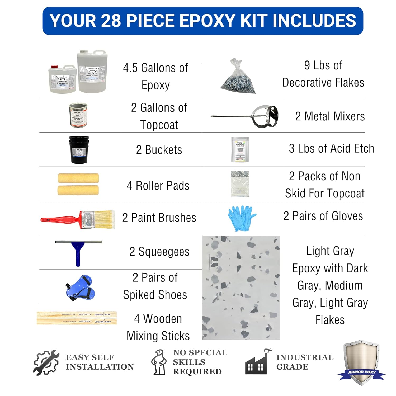 Garage Floor Epoxy Kit - 28-Pc 2 Part - 900 Sq. Ft - LT Gray, Industrial Grade Epoxy Coating Kit - Basements, Workshops, Contractors, Automotive, Storage, Retail Shops