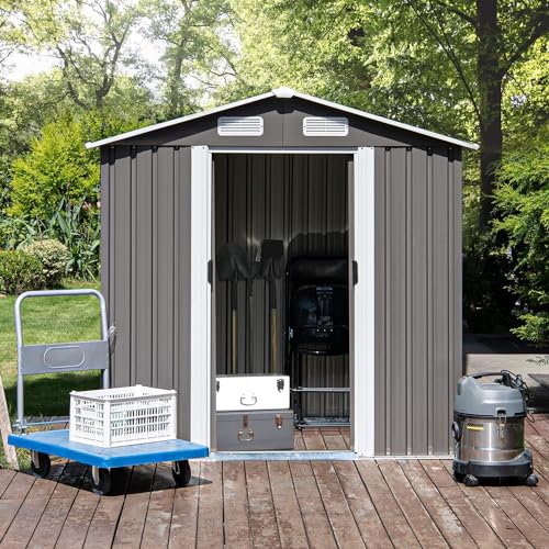 4ever2buy 8 x 8 FT Metal Outdoor Storage Shed, Large Shed Garden Storage Sheds, Galvanized Steel Shed with Air Vent for Backyard, Sheds & Outdoor Storage 2 Slide Door, Patio, Lawn