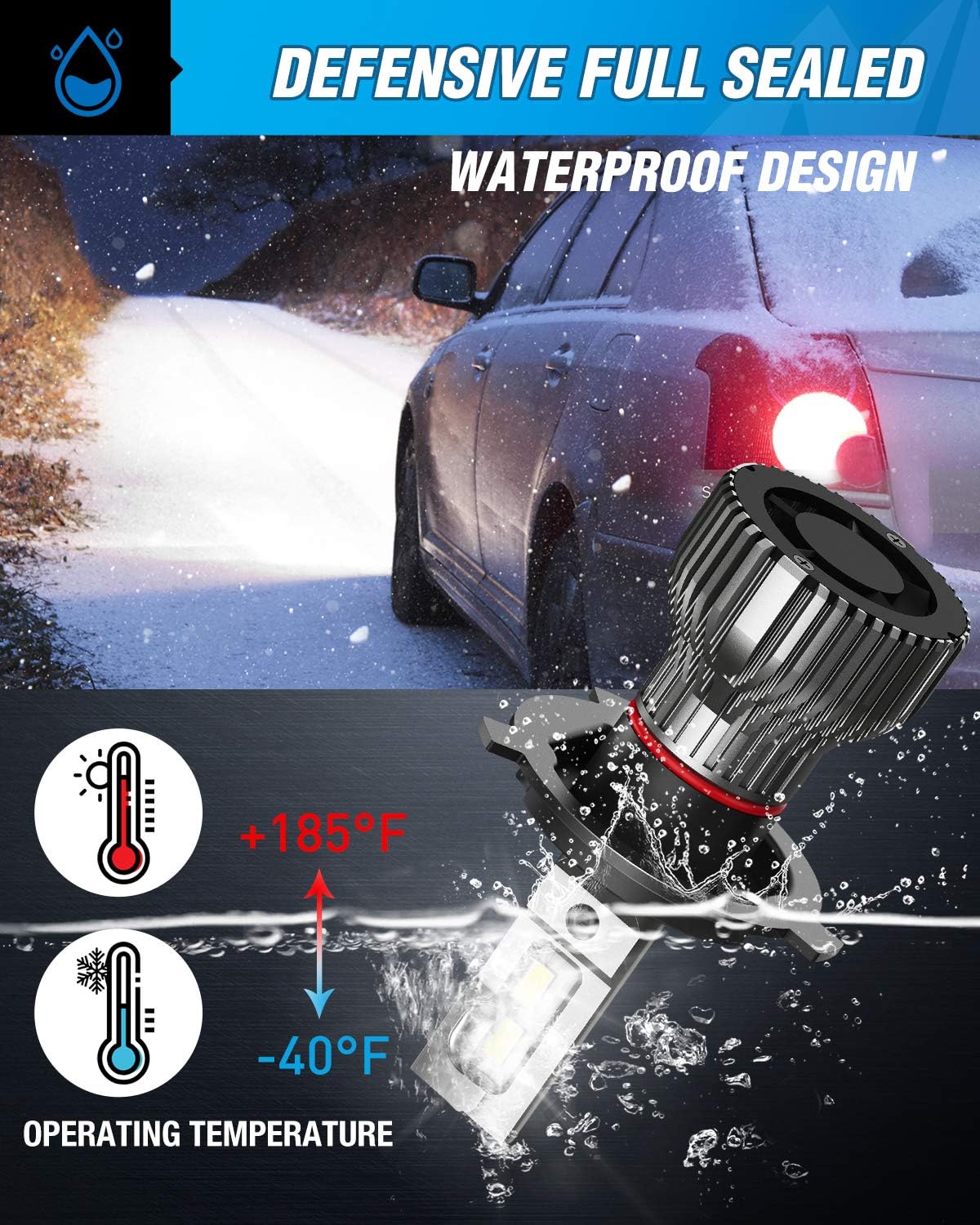 Nilight H4 LED Headlight Bulbs, H4/Hb2/9003 Hi/Lo Beam LED Headlight Bulb 6500k H4 LED Bulb Cool White IP67 Pack of 2