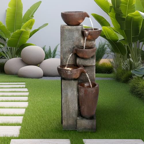 Naturefalls 5-Tier Outdoor Water Fountains with LED Lights - 39”H Floor Standing Indoor Water Fountains for Garden, Patio, Deck, Porch - Yard Art Decor (Grey, 39H inches)
