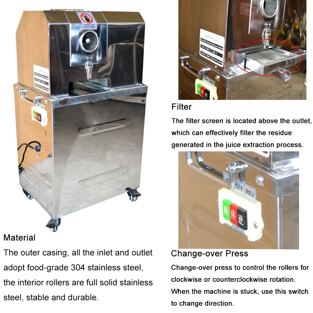 PreAsion Vertical Electric Sugarcane Juicer Juice Press Machine 4 Rollers Stainless Steel Silver