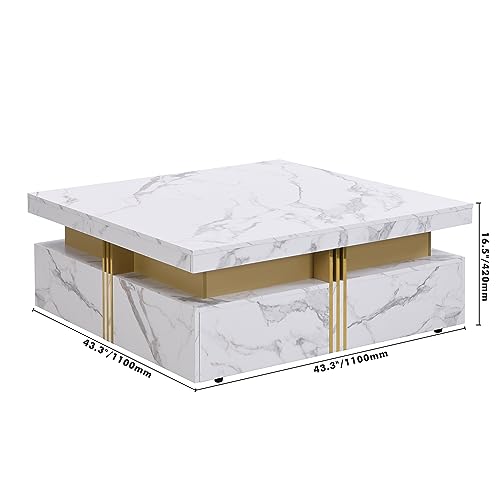 Modern Round Lift-top Nesting Coffee Tables with 2 Drawers for Living Room White & Natural