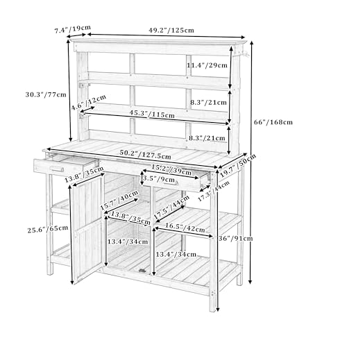Outdoor Wooden Potting Bench Table – Farmhouse Garden Workstation with Drawers, Cabinet & Storage Shelves, Large Fir Wood Work Table for Patio, Backyard, Mudroom, Greenhouse (Light Brown, 66''H)