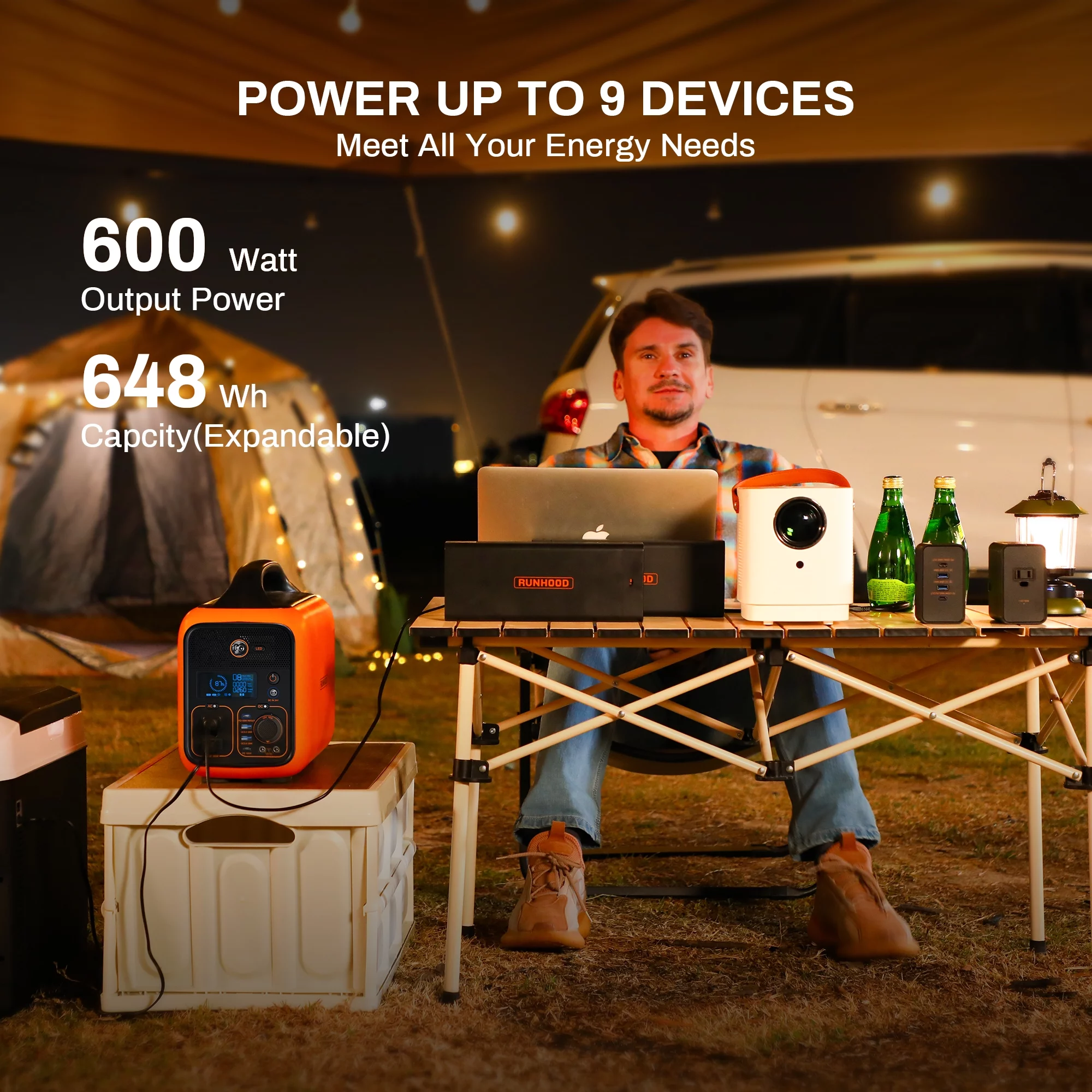 Runhood Portable Power Station Rallye 600 Max, 1296Wh Swappable Lithium Energy Bar Backup Batteries(4*EB324), 110V/600W AC Outlet Solar Generator for Outdoors Camping, Home Use(Solar Panel Optional)