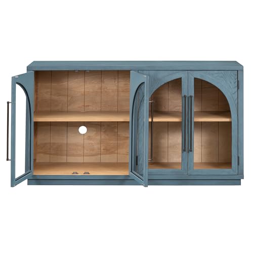 Large Sideboard Cabinet Retro Buffet Cabinet with 4 Glass Doors and Arched Design, Kitchen Cupboard Storage Cabinet for Dining Room Living Room, Black