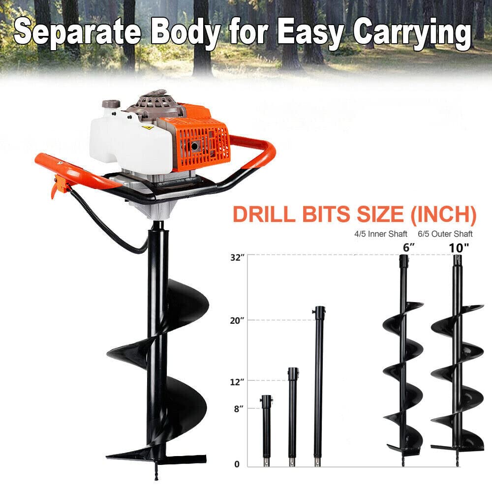 DC HOUSE 63CC 3.4HP 2 Stroke Gas Powered Auger Post Hole Digger with 2 Earth Auger Drill Bits 6" & 10" + 3 Extension Rods for Farm Garden Digging/Drilling/Planting (Subcontract delivery)