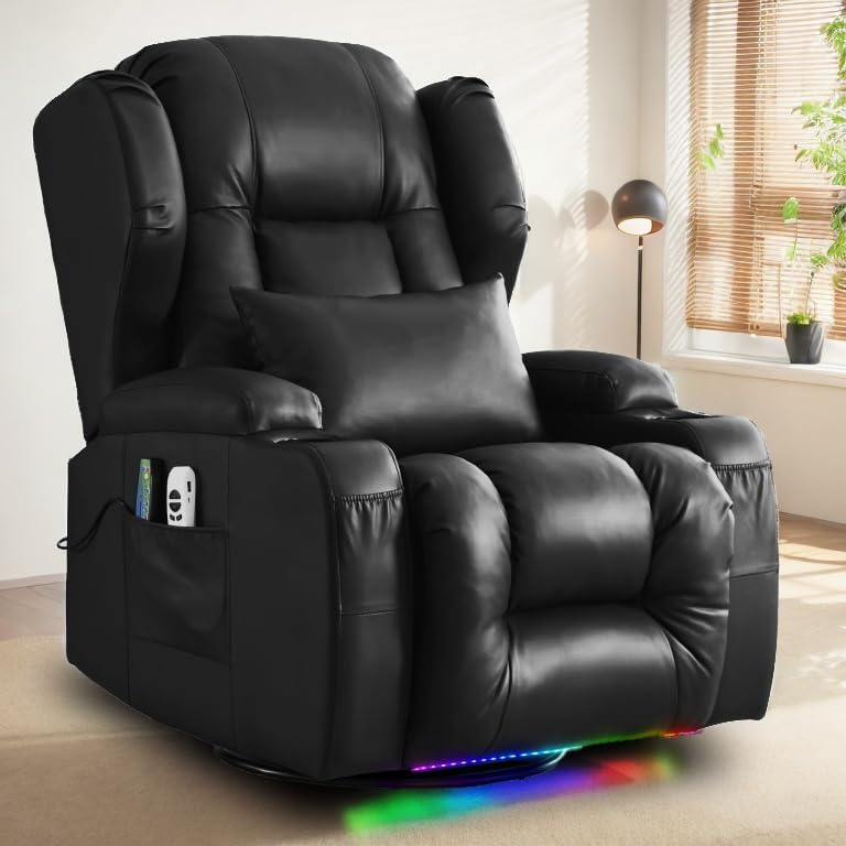 TUNYI Power Recliner Chair Velvet Fabric Home Theater Seating Glider Reclining Sofa with Massage & Heat Swivel Rocker Recliner Chair for Living Room with LED Light/USB Port/Lumbar Pillow (Brown)