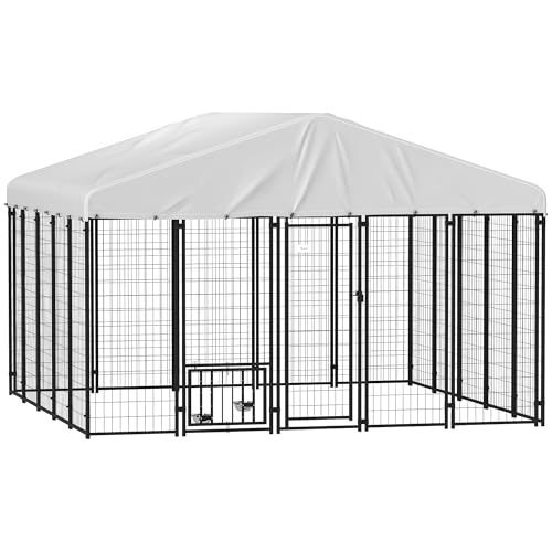 PawHut 4.6' x 4.6' x 5' Dog Kennel Outside, Welded Wire Outdoor Dog Kennel Run with Waterproof & UV Resistant Cover, for S&M Breeds, Chickens, Ducks, Black