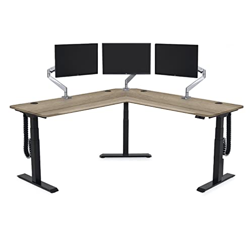 Electric Sit to Stand L-Shape 3-Leg Corner Desk - 72" L x 72" R - 4 Memory Settings - Ergonomic Front Edge - American Oak