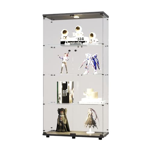 DADEA Glass Display Cabinet, 4 Shelves Glass Cabinet Display Case with Light and Lock, Curio Cabinets Upgraded Quick-Install Style Floor Standing Bookshelf for Bedroom, Living Room (Black)