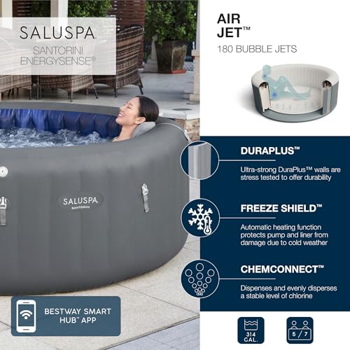 Bestway SaluSpa Santorini HydroJet 5 to 7 Inflatable Hot TubRound Portable Outdoor Spa with 180 Soothing Jets and Cover, Gray