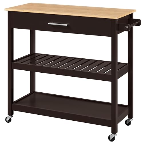 Yaheetech Kitchen Island Cart on Wheels with Bamboo Tabletop, 3-Tier Rolling Kitchen Island Microwave Cart with Drawer, Detachable Towel, 3 Hooks, 17" D x 37.5" W, White