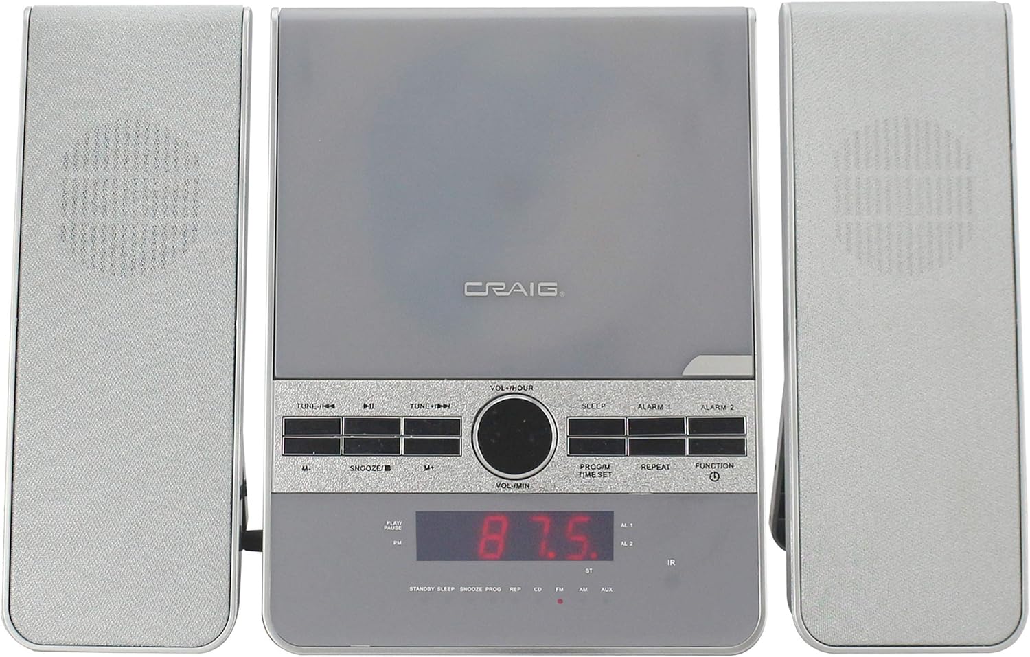 Craig CM427BT-SL 3-Piece Vertical CD Stereo Shelf System with AM/FM Radio, Bluetooth Wireless Technology & Remote Control in Silver | LED Display | Dual Alarm Clock with Snooze | AUX Port Compatible |