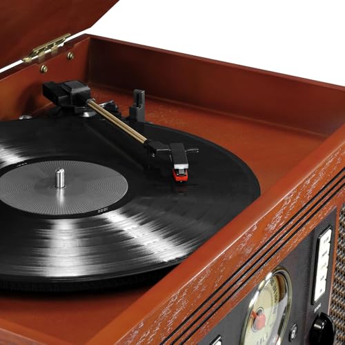 Victrola Navigator 8-in-1 Bluetooth Record Player with Built-in Speakers– 3 Speed Turntable, CD Player, Cassette, FM Radio, USB, RCA Out, Headphone Jack, Wireless Music Streaming, Real Wood (Mahogany)