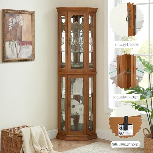 Display Cabinet Lighted,Corner Curio Display Cabinet with Adjustable Shelves & Mirrored Back,Storage Cabinet Wood Frame Collectibles Toy Display for Living Room, Kitchen,Pantry light bulb not included