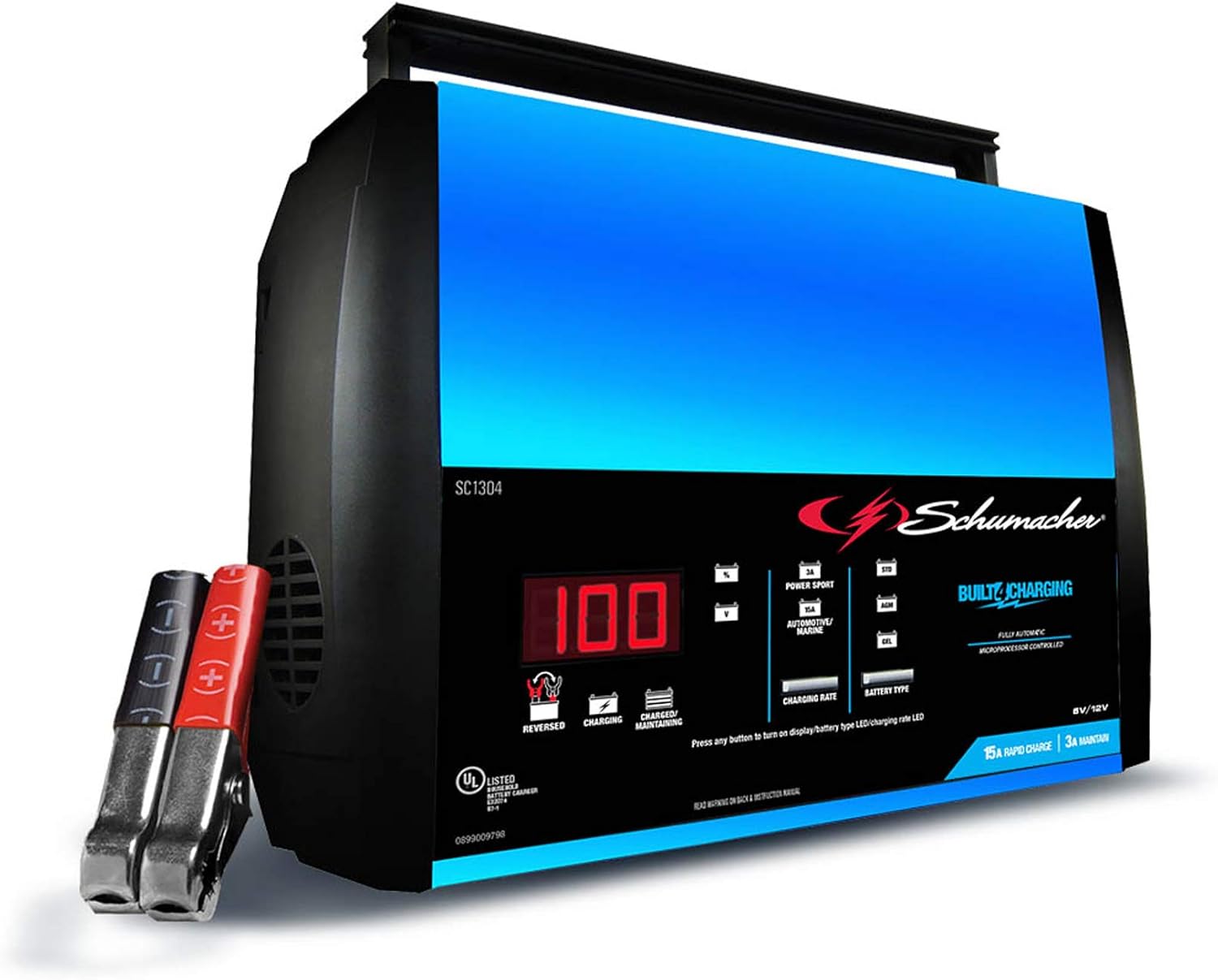 Schumacher SC1304 Fully Automatic Battery Charger Maintainer, and Auto Desulfator with Battery Detection - 15 Amp/3 Amp, 6V/12V - For Cars, Trucks, SUVs, Marine, RV Batteries