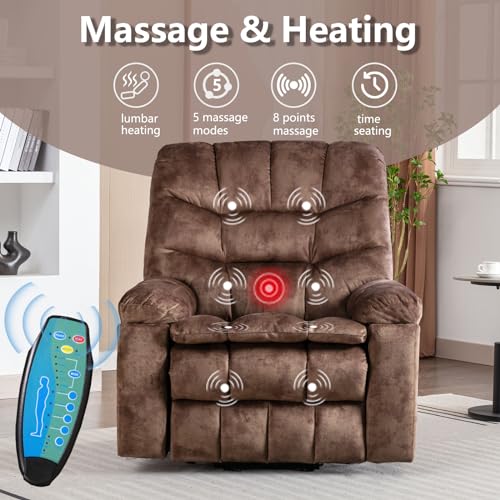 Phoenix Home Large Power Lift Recliner with Massage and Heat for Elderly, Heavy Duty & Safety Motion Reclining Mechanism, Ergonomic Electric Wider Chair with USB Port, 2 Hidden Cup Holders, Brown