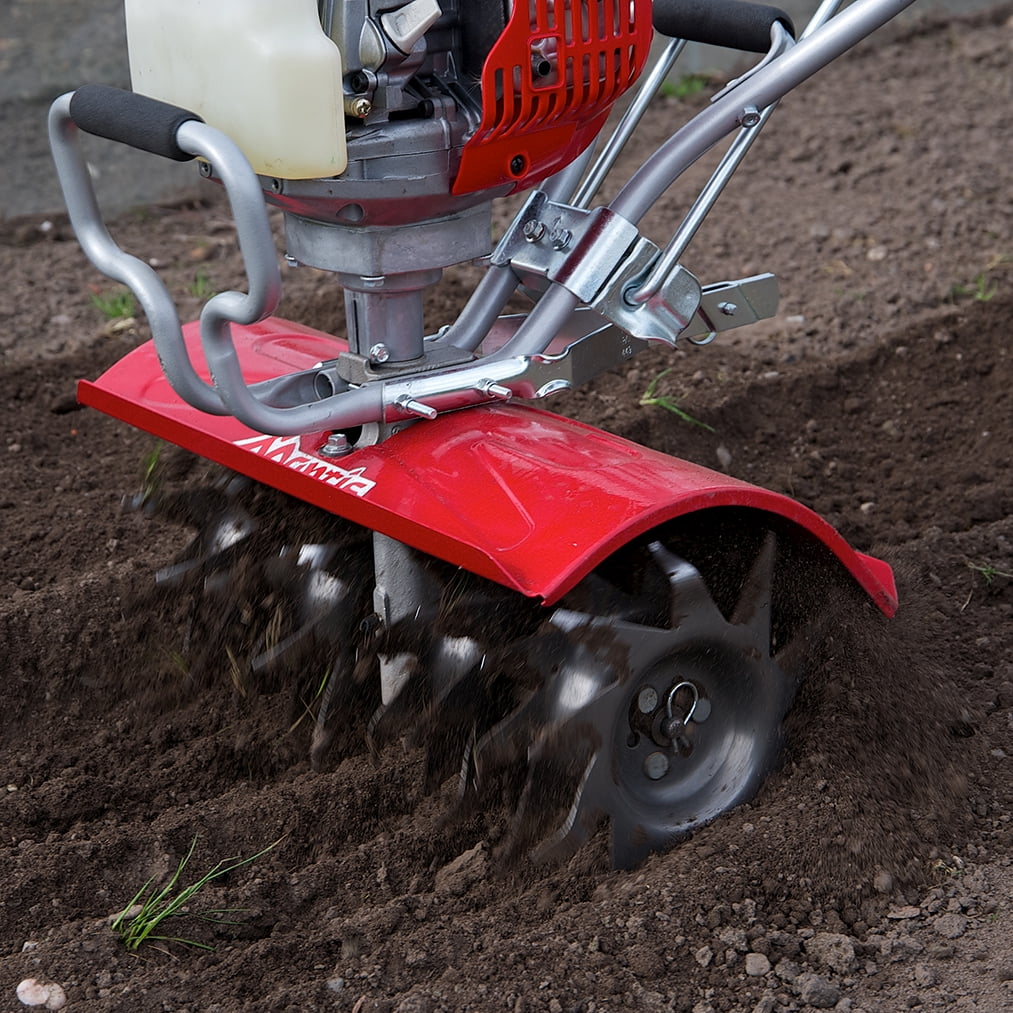 Heavy Duty Mantis Tiller and Cultivator, 4-cycle gas powered 35cc Honda Engine, Easy start, variable speed, Garden tiller, 16" width and 10" tilling depth, kickstand, model 7566a