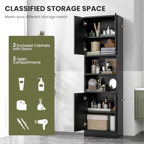 Tangkula 75" Tall Bathroom Storage Cabinet, Bathroom Floor Cabinet with 4 Doors & 2 Open Shelves, 4 Anti-toppling Devices, Freestanding Large Cabinet for Bathroom Living Room Kitchen (White, 75" H)