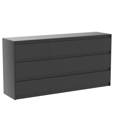 Hitow 9 Drawer Dresser for Bedroom with Deep Drawers, Large Floor Wood Dressers & Chest of Drawers Handle Free, Modern Black Long Dressers for Closet Living Room, Euro Slide (63"W x 15.7"D x 31.5"H)