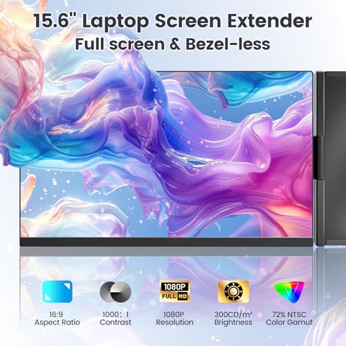 Laptop Screen Extender, 15.6" Portable Monitor for Laptop with 120% sRGB, FHD IPS & USB to HDMI Hub & 235° Rotation, Triple Monitor Extender Plug & Play Fits for All Laptops (Mac/Win/Android)