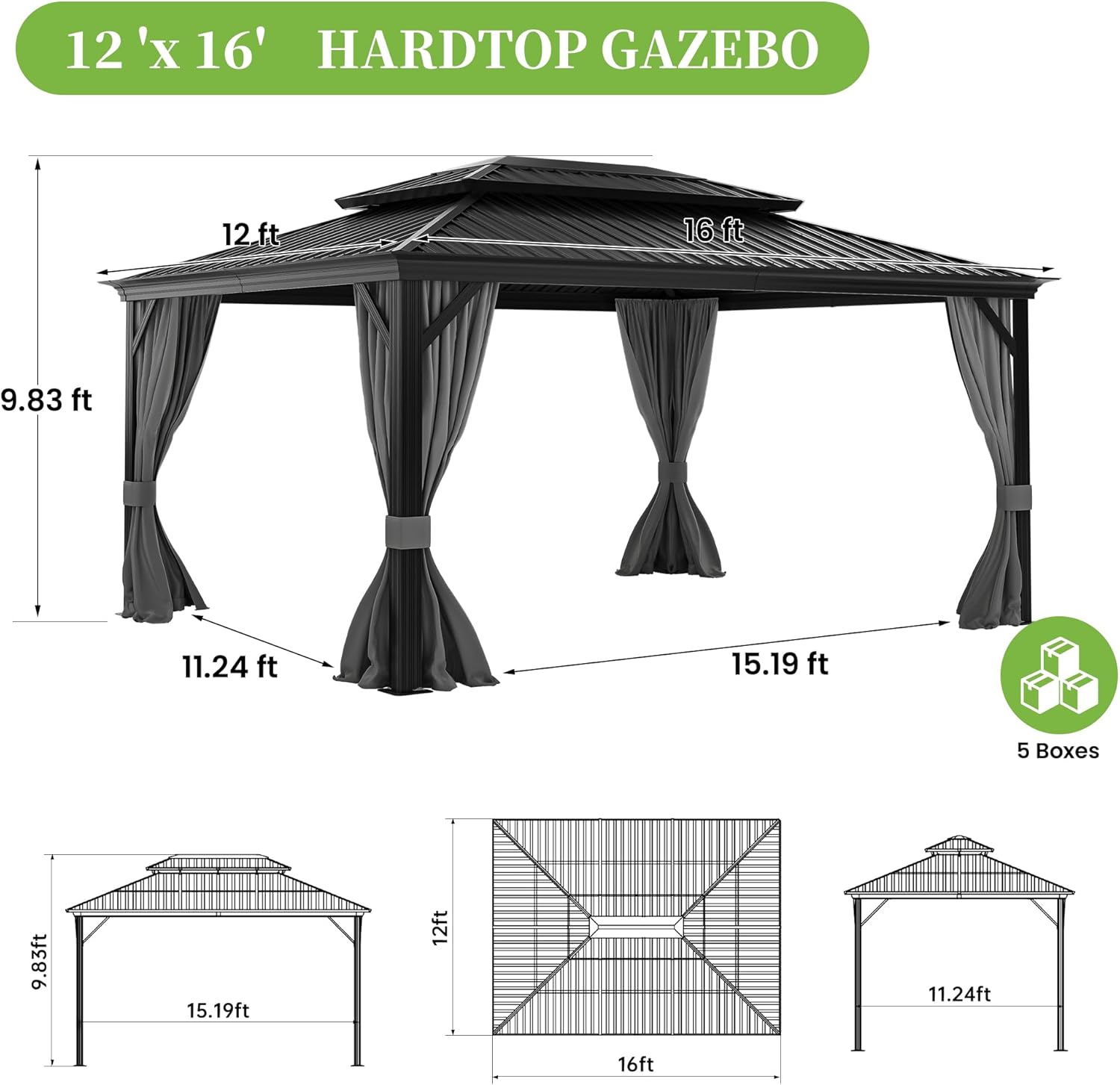 12' x 16' Hardtop Gazebo, Metal Gazebos with Aluminum Frame, Double Galvanized Steel Roof, Permanent Gazebo with Curtains and Netting for Patio Lawn Pool and Garden(Gray)