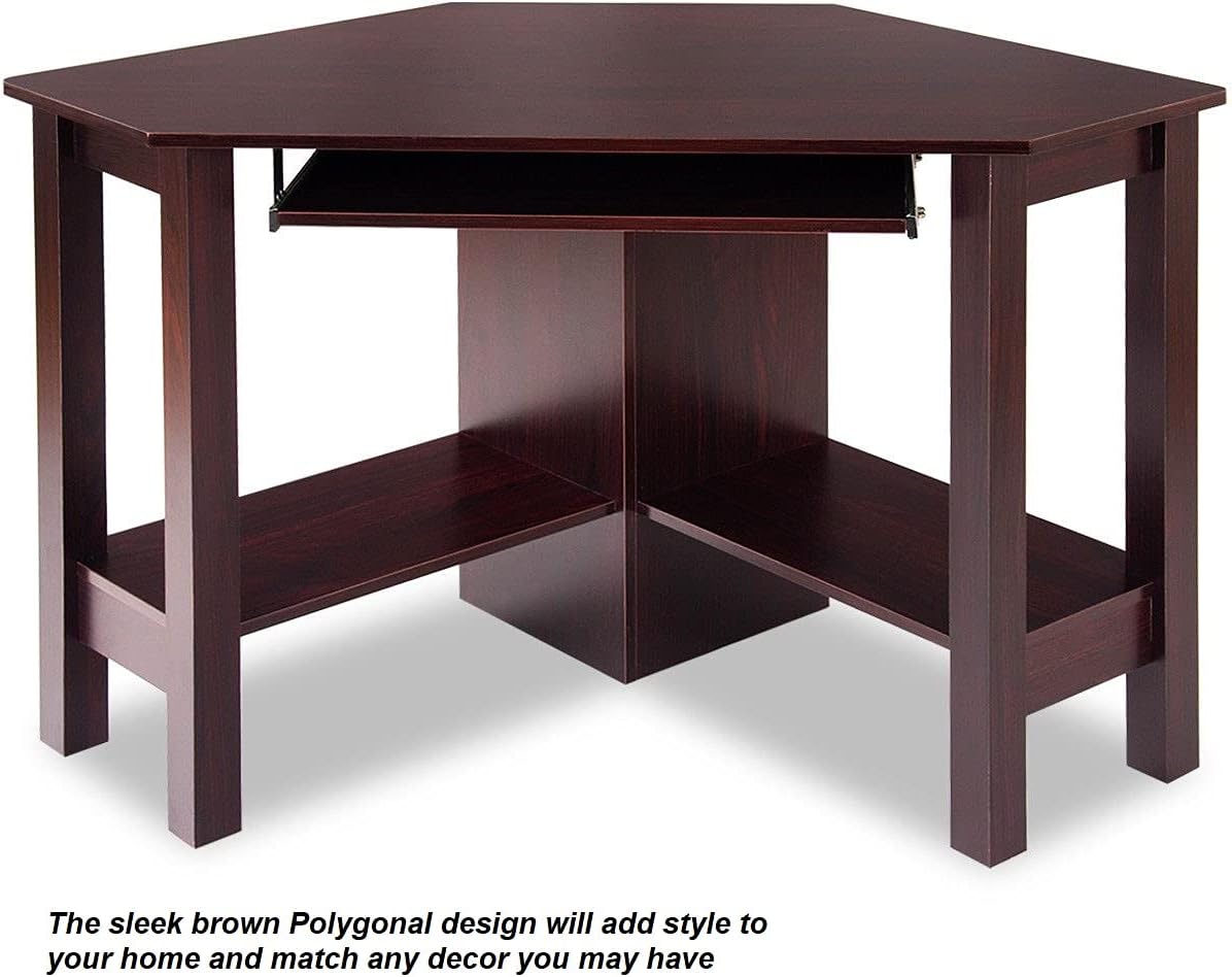Brown Wooden Home Office Corner Student Modern Computer Desk Laptop Notebook PC Workstation Study Writing Reading Versatile Multifunctional Multipurpose Table Keyboard Shelf 2 Open Storage Space